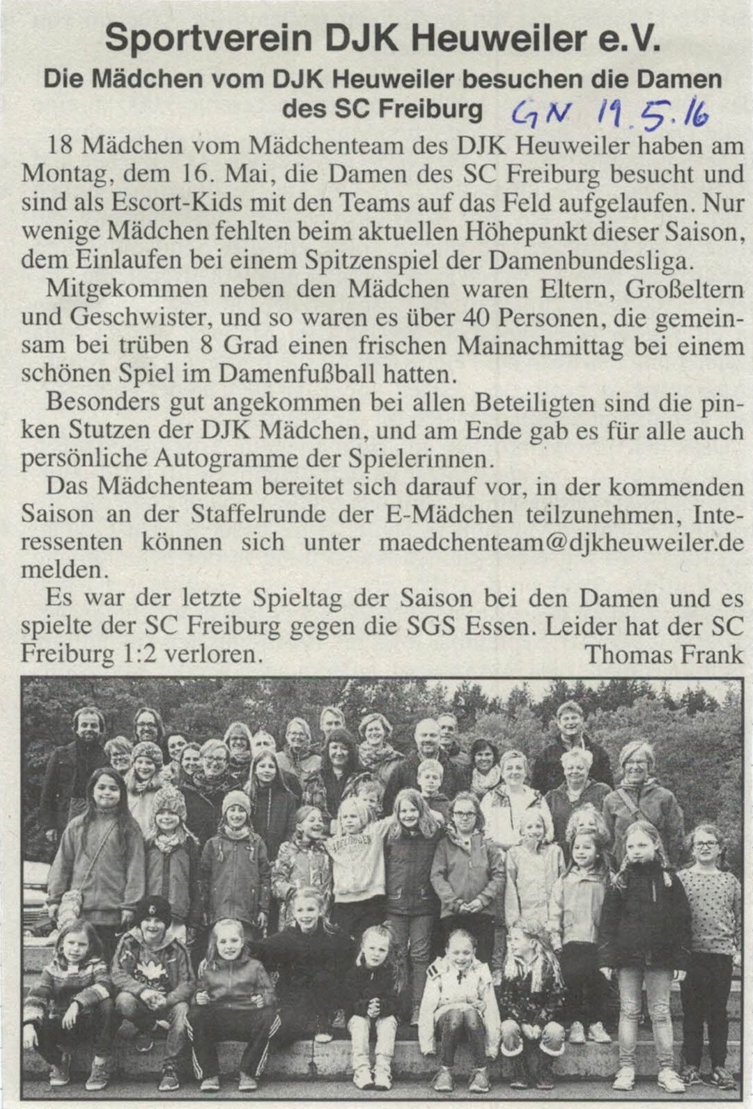 16.05.2016 Die Mädchen vom DJK Heuweiler besuchen die Damen des SC Freiburg